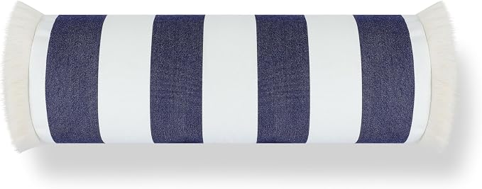 Hofdeco Premium Coastal Hampton Outdoor Performance Bolster Pillow Cover Only, 6"x20" Water Repellent, UV and Fade Resistant for Backyard, Couch, Poolside, Indigo Blue Woven Beach Stripes