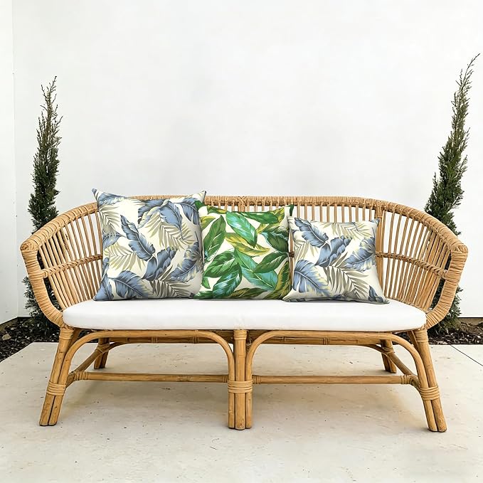 Outdoor Pillows with Insert 16x16 Inch, Waterproof Throw Pillow for Patio Furniture, Decorative Back Cushion for Garden Home Sofa Office Chair, Set of 2, Lush Palm Blue