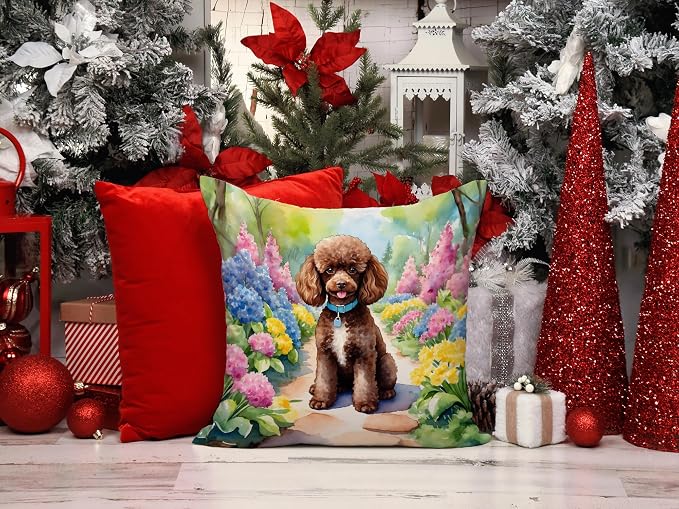 Caroline's Treasures Chocolate Poodle Spring Path Throw Pillow Machine Washable, Indoor Outdoor Decorative Pillow for Couch, Bed or Patio, 14Hx14W