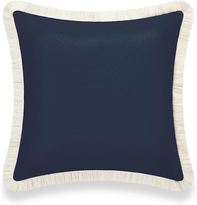 Hofdeco Premium Coastal Hampton Style Patio Outdoor Performance Pillow Cover Only, 20"x20" Water Repellent, UV and Fade Resistant for Backyard, Couch, Dark Navy Blue Solid with Fringe