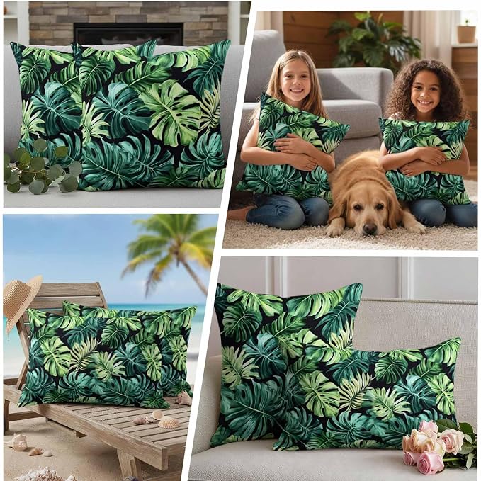 Palm Leaf Waterproof Outdoor Pillow Covers Set of 2 Home Decor, Green Tropical Plant Summer Nature Scenery Pillowcase Patio Pillow Covers for Couch Bench Furniture Garden 24x24in
