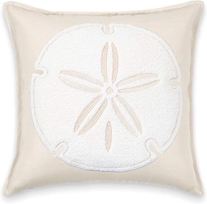 Hofdeco Premium Coastal Patio Indoor Outdoor Pillow Cover Only, 20"x20" Water Repellent for Backyard, Couch, Neutral Tan Embroidered Sand Dollar