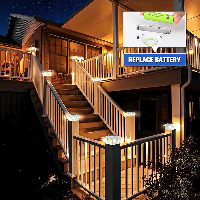 VOLISUN Solar Post Cap Lights: 6 - Pack Outdoor Deck Post Cap Lights White for Dock Fence Waterproof 2 Color Modes,4x4/6x6 Wooden/Vinyl Posts