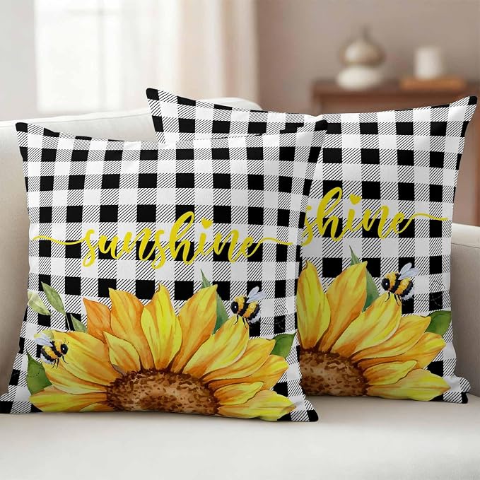 Farm Outdoor Throw Pillow Cover Watercolor Sunflowers Honeybee Waterproof Cushion Covers 2 Pack Yellow Flower Black White Plaid Pillow Cases Home Decoration for Patio Garden Couch Sofa 16x16In