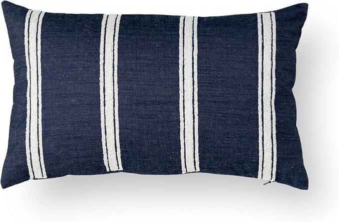 Coastal Linen Indoor Outdoor Lumbar Pillow Cover Only, 12"x20" Water Repellent for Patio, Backyard, Couch, Dark Navy Neutral Embroidered Stripes
