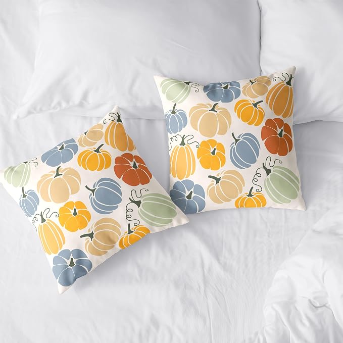 Fall Thanksgiving Throw Pillow Covers 18x18 Set of 2 Orange Yellow Blue Pumpkins Pillow Covers Colorful Autumn Outdoor Pillow Case Cotton Blend Cushion Case for Couch Patio Bed Car