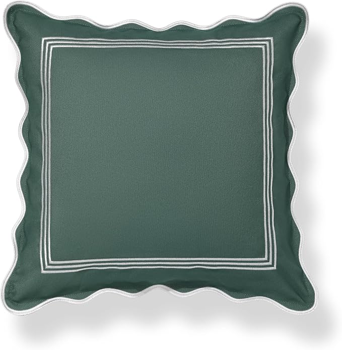 Hofdeco Premium Coastal Grandmillennial Scalloped Patio Indoor Outdoor Throw Pillow Cover Only, 20"x20" Water Repellent for Backyard, Couch, Poolside, Forest Green Embroidered Frame