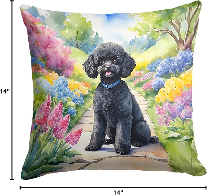 Caroline's Treasures Black Poodle Spring Path Throw Pillow Machine Washable, Indoor Outdoor Decorative Pillow for Couch, Bed or Patio, 14Hx14W