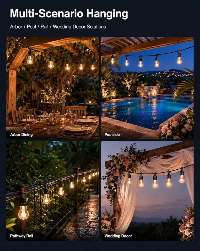 Outdoor String Lights 50FT, Smart RGBW IC Color Changing Patio Lights with 20 Dimmable LED Bulbs, App & RF Remote, IP65 Waterproof Shatterproof