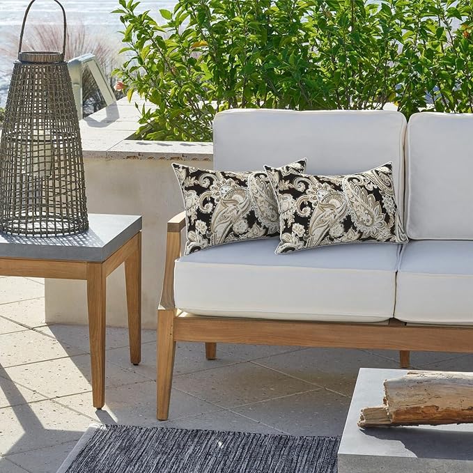 LVTXIII Set of 2 Outdoor Lumbar Pillows for Patio Furniture with White Piping, 12"x20" Fade Resistant Patio Lumbar Pillows with Inserts for Home Coach Sofa Use, Paisley Black
