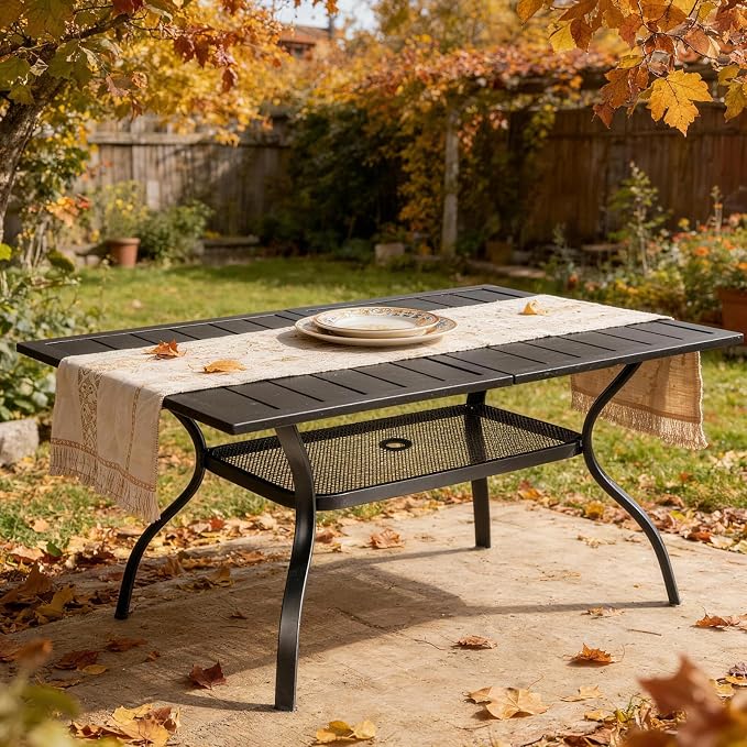 VINGLI 60" x 38" Rectangle Patio Table for 6, Metal Outdoor Dining Table with Umbrella Hole, All-Weather Steel Patio Dining Table Outdoor Table for Lawn, Garden, Backyard, Black (L60 xW38)