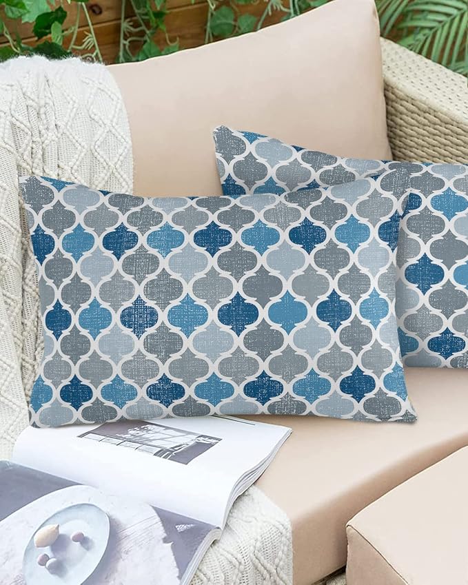 Morocco Outdoor Pillow Shams Set of 2, Decorative Pillowcases Cushion Case, Soft Throw Pillow Covers Waterproof Pillow Case 20x12 Inch, Blue Grey Geometry Retro