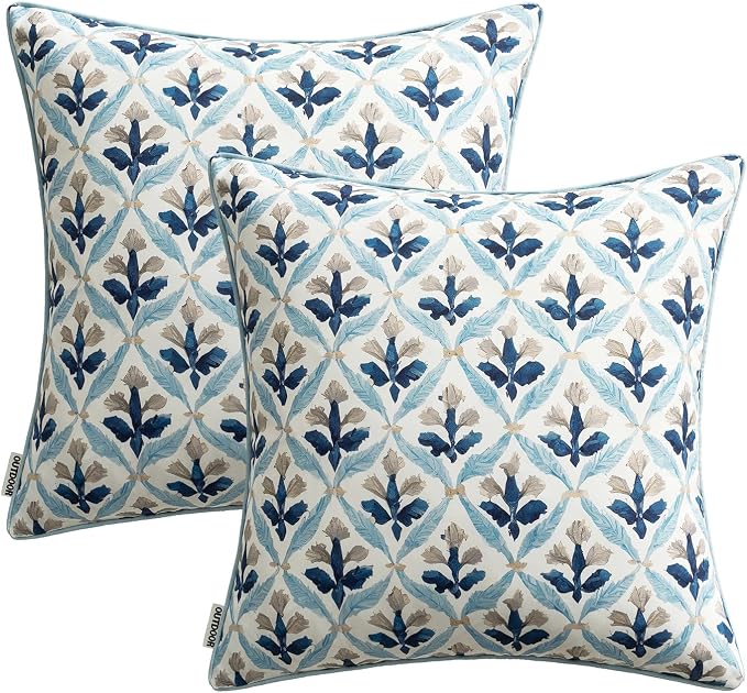 MIULEE Outdoor Floral Pillow Covers Waterproof 18x18 Blue Grey | Decorative Block Print,Boho Farmhouse, Set of 2 Coastal Summer Cushion Covers with Piping,Garden Patio Furniture Porch Couch