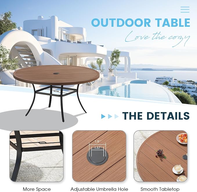 7 Pieces Patio Dining Set, 50" Round Dining Table with Umbrella Hole, 6 Stackable Textilene Fabric Chairs, Metal Structure for Patio, Porch, Garden(Walnut Table, Brown Chair)