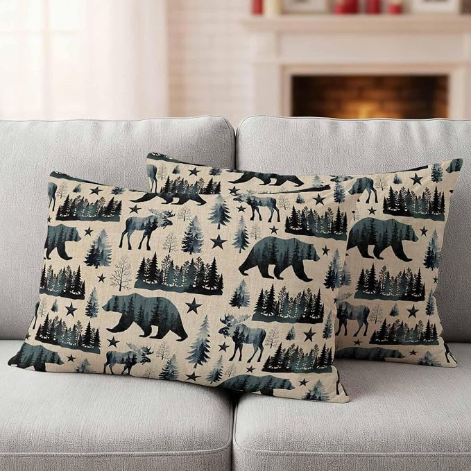 Vintage Bear Elk Cabin Outdoor Pillow Covers 20x12 Inch Lumbar Pillow Covers Set of 2 Waterproof Decorative Throw Pillow Cases Farmhousee Pine Tree Rustic Cushion Covers for Patio Furniture Garden