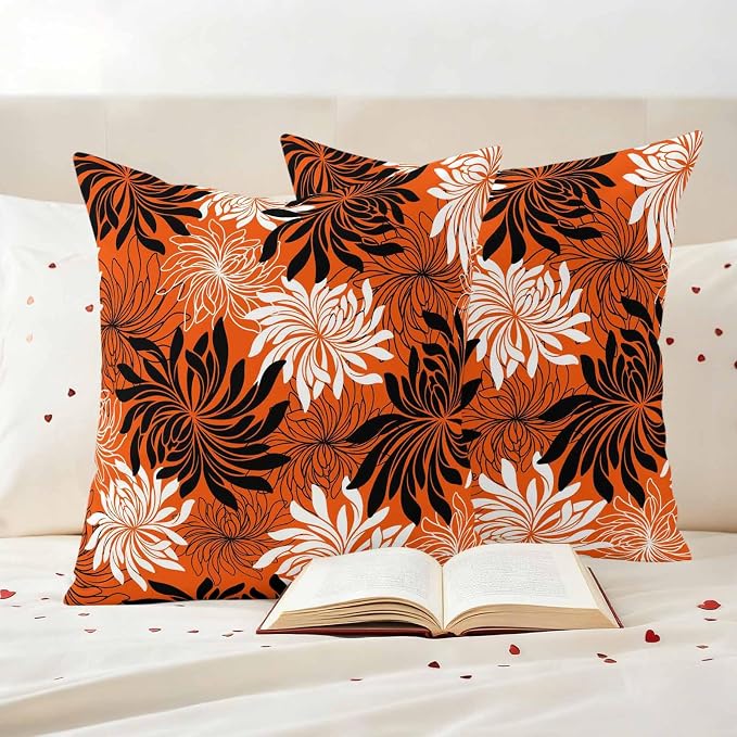 Yukro Orange Black Floral Outdoor Waterproof Pillow Covers Pack of 2, Vintage White Black Flower Orange Decorative Throw Pillowcases Cushion Covers for Garden Patio Tent Sofa Couch, 26x26 inch