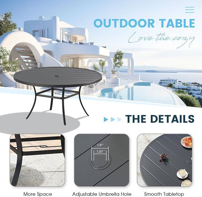 9 Pieces Patio Dining Set, 53" Round Dining Table with Umbrella Hole, 8 Stackable Textilene Fabric Chairs, Metal Structure for Patio, Porch, Garden(Black Table, Grey Chair)
