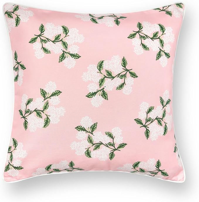 Hofdeco Premium Coastal Patio Indoor Outdoor Throw Pillow Cover Only, 20"x20" Water Repellent for Backyard, Couch, Blush Pink Print Hydrangea Flower