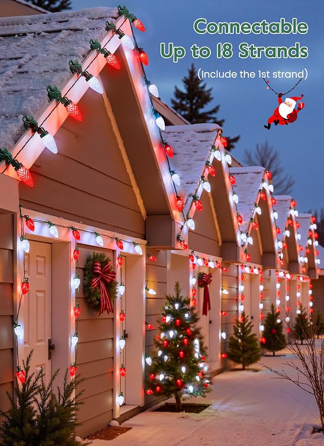 C9 Christmas Lights Outdoor, 102FT 150 LED String Lights with Spring Clips | Waterproof Connectable Commercial Grade Christmas Tree Lights for Outside Roofline Patio Yard Home Xmas Decor, Red|Pure White