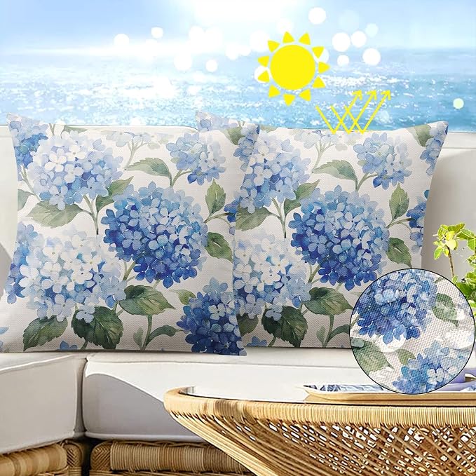 Throw Pillow Covers, Hydrangea Floral Blue, 18 x 18 Inch, Set of 2 | Flower Botanical Outdoor Waterproof Square Cushion Case Pillowcase Farmhouse Garden Decorative Pillows for Couch Beach Patio