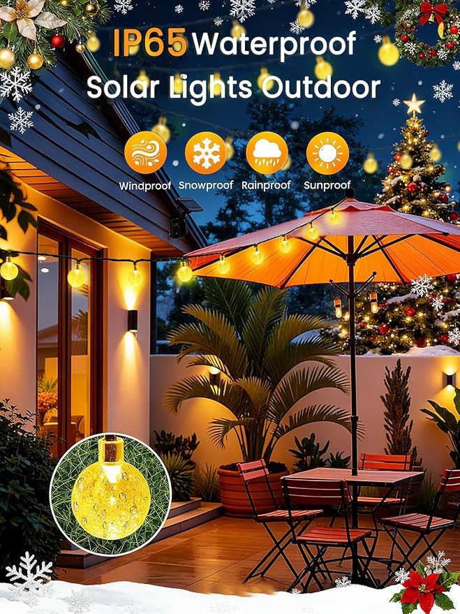 LORRYTE Globe Solar String Lights Outdoor 2 Pack 72FT 120 LED Patio Lights | Warm White Crystal Globe, IP65 Waterproof, Auto On/Off, 8 Modes Solar Powered Light for Garden Yard Wedding Porch Party