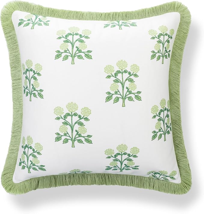 Hofdeco Premium Grandmillennial Coastal Hampton Patio Indoor Outdoor Throw Pillow Cover Only, 20"x20" Water Repellent for Backyard, Couch, Poolside, Grass Green Print Hydrangea Flowers