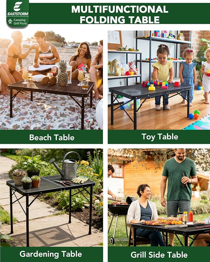 3 ft Folding Table with Adjustable Height, Camping Table with Carry Handle, Metal Mesh Table ,Portable Grill Table for Camping, Tailgating, BBQ, Picnic & Indoor, Fits 3–6 People, Supports 66 lb, Black