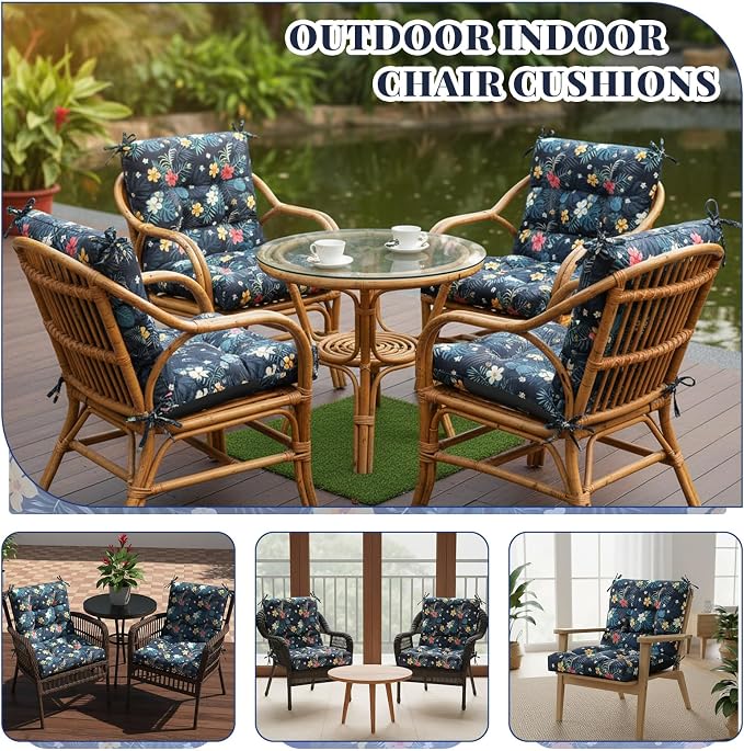 Marsui 4 Pcs Outdoor Indoor High Back Chair Cushions Patio Furniture Tufted Pillow with Ties Water-Resistant Replacement Outdoor Rocking Chair Cushions, 42 x 21 Inches (Dark Color,Plants)