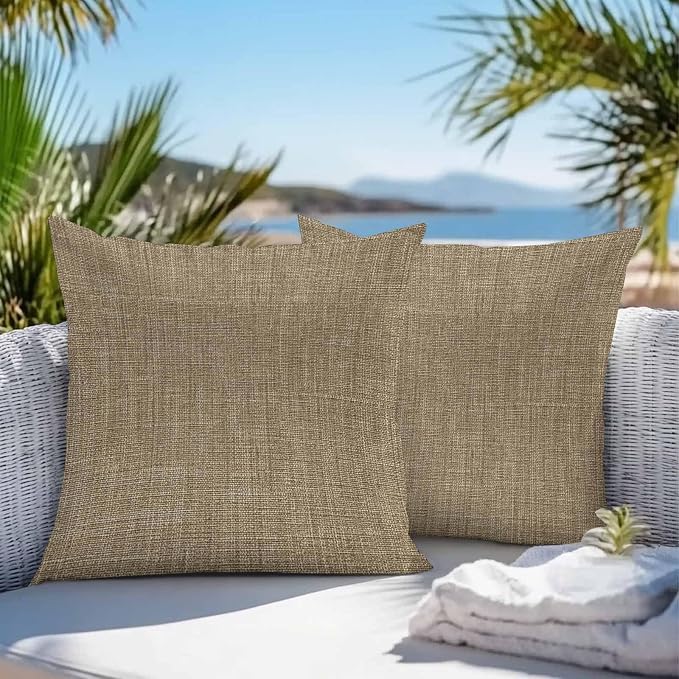 Vandarllin Outdoor Throw Pillows Covers 18x18 inch Set of 2 Waterproof Brown Linen Decorative Zippered Cushion Covers for Patio Furniture, Farmhouse Pure Color Lumbar Pillowcases