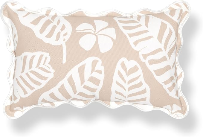 Hofdeco Premium Coastal Hampton Patio Indoor Outdoor Lumbar Pillow Cover Only, 12"x20" Water Repellent for Backyard, Couch, Poolside, Sand Beige Print Palm Leaves and Hisbucs Flowers