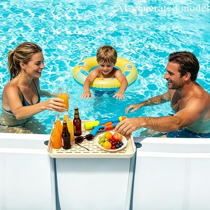 Poolside Table Above Ground Pool Side Bar, Foldable Side Bar with Drainer | Fits Above Ground Pool Circular Tube Accessories for Pool Party Poolside Patio Backyard Holds drinks & snacks Weatherproof