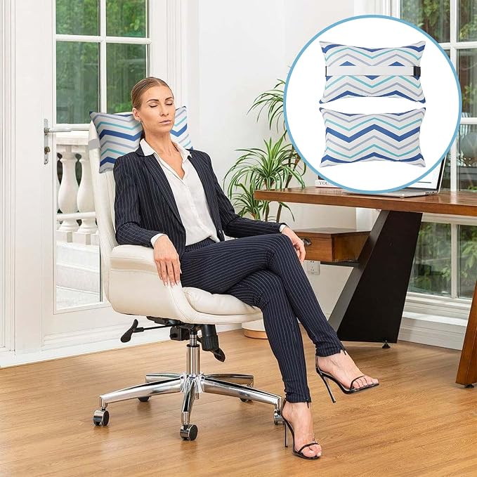 Outdoor Pillow for Chaise Lounge Chair, 2pcs Chaise Lounge Pillows Lumbar Pillows with Insert and Adjustable Elastic Strap for Patio Beach Office Chair, Blue White Stripe