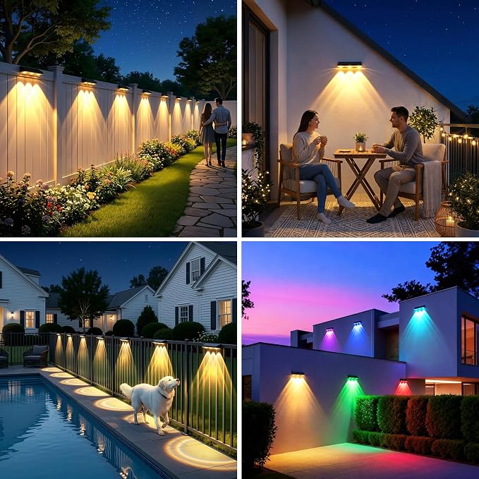 Solar Fence Lights Outdoor 6 Pack, Upgraded Brightness 3X LED Lens Fence Lights Solar Powered, 9 Fixed Colors & RGB Lights, IP65 Waterproof Solar Lights for Outside Backyard/Railing/Step/Patio