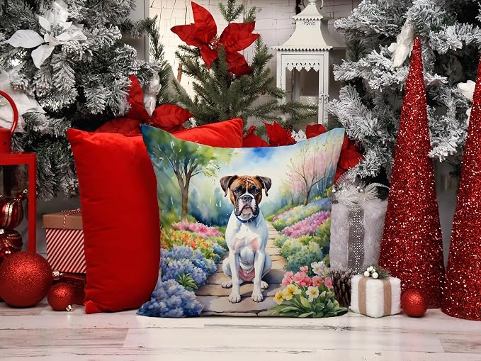 Caroline's Treasures Boxer Spring Path Throw Pillow Machine Washable, Indoor Outdoor Decorative Pillow for Couch, Bed or Patio, 14Hx14W