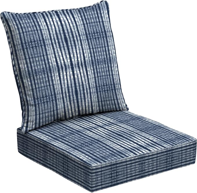 Arden Outdoor Deep Seat Cushion Set, Foam, 24x24, Blue Shibori Stripe | Sofa, Couch, Conversation Set, Premium High-Density Foam, Never Flattens, Mold and Mildew Resistant