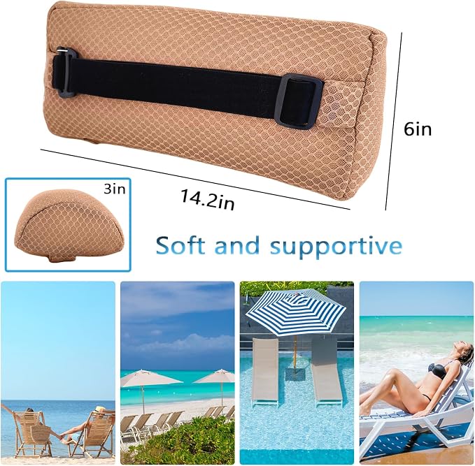 1 Pack Headrest Pillow for Patio Chaise Lounge,Recliner,Beach Chair,Brown | Resilient 3D mesh pillow with removable washable cover, adjustable elastic strap, ergonomic support, lightweight portable