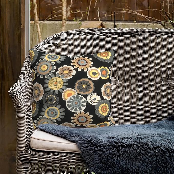 Outdoor Pillows for Patio Furniture 18x18 inch, Square Outdoor Throw Pillows with Inserts, Decorative Toss Pillows for Garden Couch Home Sofa Office Chair, Pack of 2,Black Yellow Crosby