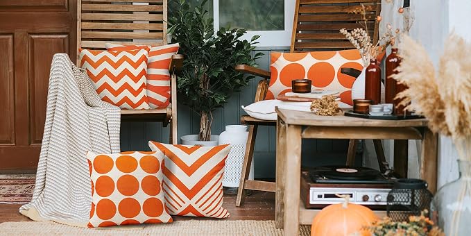 All Smiles Outdoor Waterproof Throw Pillow Covers 18X18 Set of 4,Orange Decorative Cushion Covers Boho Decorations Outside for Patio Furniture Porch Seat Chair Couch Sofa Living Room Geometric