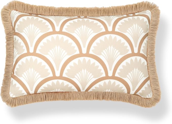 Hofdeco Premium Coastal Hampton Patio Indoor Outdoor Lumbar Pillow Cover Only, 12"x20" Water Repellent for Backyard, Couch, Poolside, Neutral Tan Print Tropical Ravenala Palm Tree