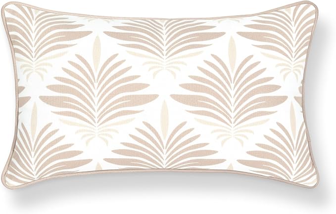 Hofdeco Premium Coastal Hampton Patio Indoor Outdoor Lumbar Pillow Cover Only, 12"x20" Water Repellent for Backyard, Couch, Poolside, Neutral Tan Print Abstract Plam Leaves