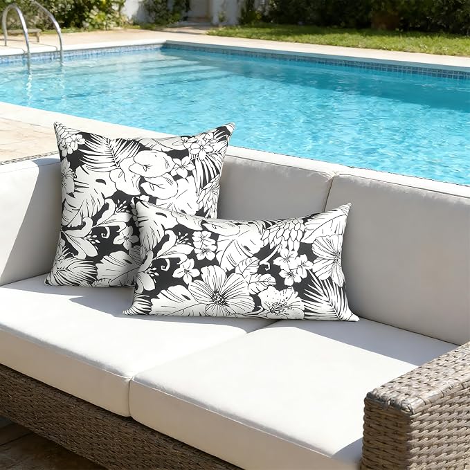 Outdoor Lumbar Pillows with Insert 12x20 Inch, Waterproof Throw Pillow for Patio Furniture, Decorative Lumbar Cushions for Garden Home Sofa Office Chair, Set of 2, Tropical Blossom Noir