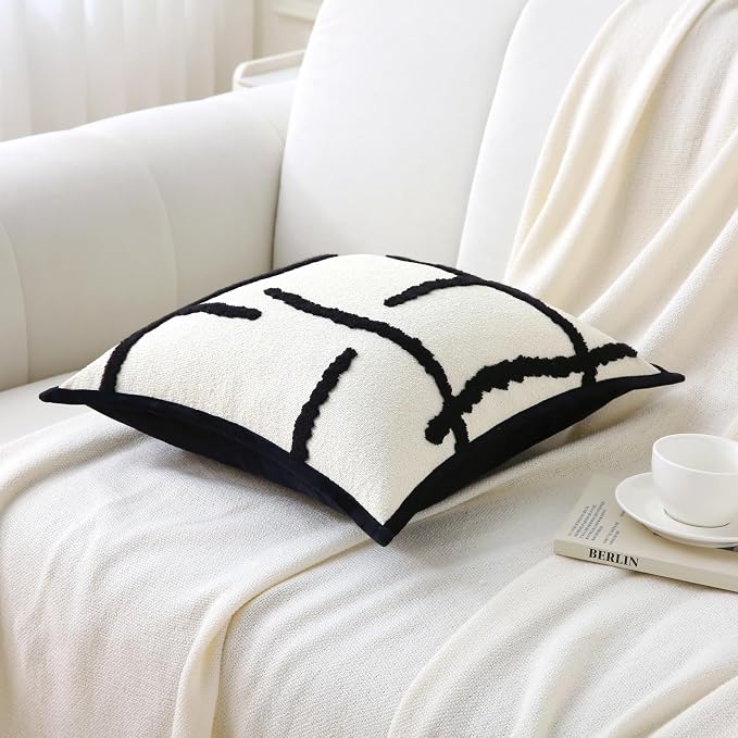 Decorative Throw Pillows with Inserts 2 Pack 18" x 18" Boho Soft Tufted Modern Chenille Pillow for Home, Patio, Couch, Bedroom, Living Room (Black Lines)