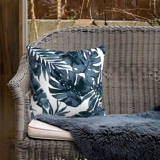 Outdoor Pillows for Patio Furniture 18x18 inch, Square Outdoor Throw Pillows with Inserts, Decorative Toss Pillows for Garden Couch Home Sofa Office Chair, Pack of 2, Palm Blue