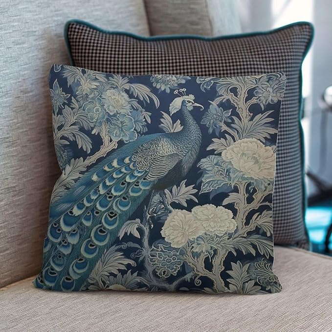 Blue Peacock Chinoiserie Cushion Cases Blue Grey Asian Flower Throw Pillow Cover Rustic Decorative Cushion Cases Home Decor for Sofa Patio Couch 26x26 in