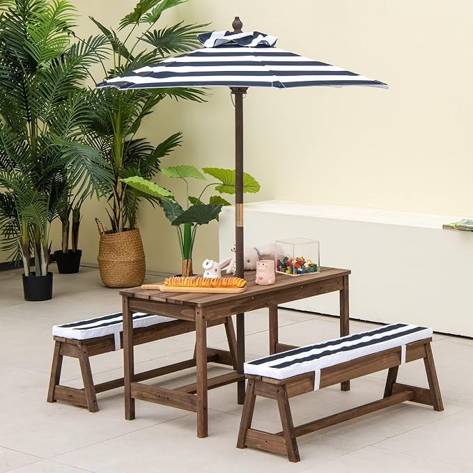 HONEY JOY Kids Picnic Table, Outdoor Wooden Table & Bench Set w/Removable Cushions and Umbrella, Stripe Fabric, Children Backyard Furniture for Patio Garden, Gift for Toddler Boys Girls Age 3+(Blue)