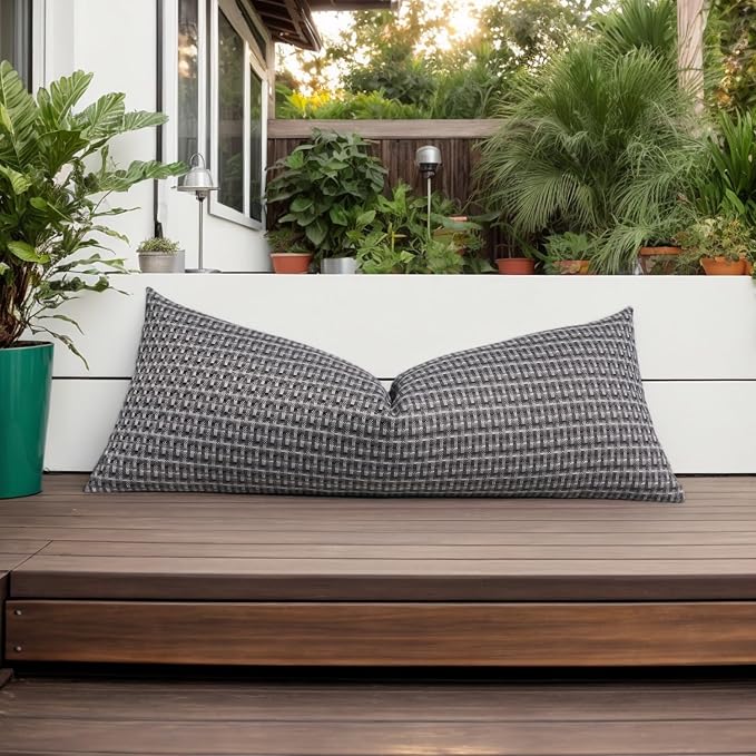 Kevin Textile Outdoor Waterproof 14"x36" Pillow Cover 1 Pack, Dark Grey | Water Resistant Weaving Faux Linen Texture Throw Pillow Covers, Outside Decorative Pillowcases for Garden Patio Balcony Couch