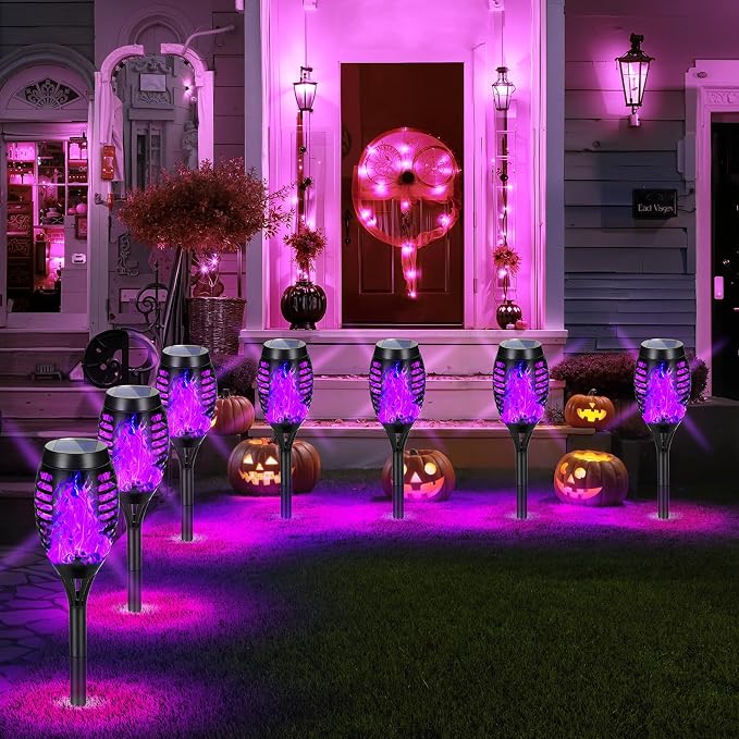 Purple Halloween Solar Lights Outdoor with Flickering Flame, 10 Pack | Halloween Decorations Solar Torch Lights, Waterproof Solar Halloween Lights Tiki Torches for Outside Patio Pathway Yard Decor