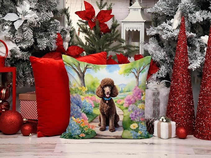 Caroline's Treasures Chocolate Poodle Spring Path Throw Pillow Machine Washable, Indoor Outdoor Decorative Pillow for Couch, Bed or Patio, 14Hx14W