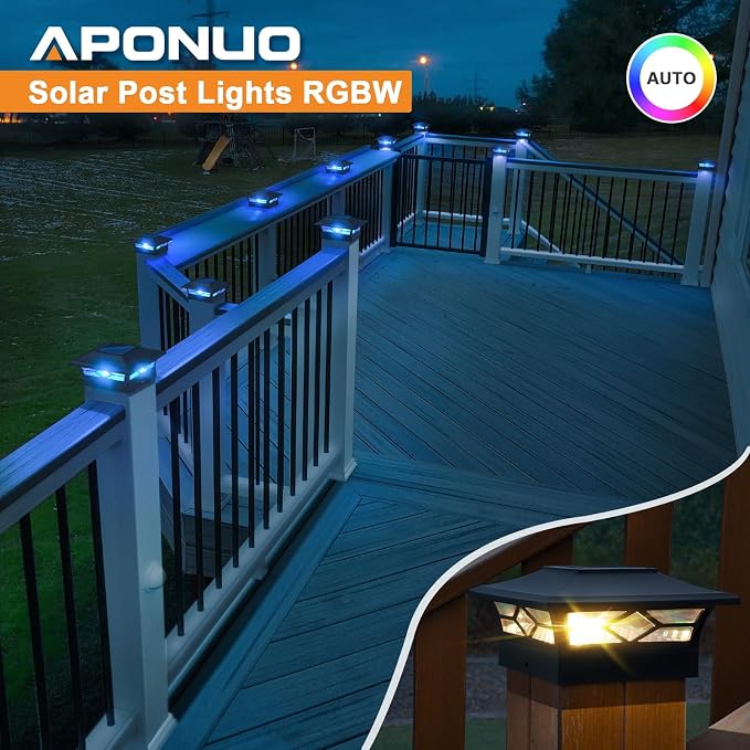 APONUO Solar Post Cap Lights with 8 RGB Colors and Multicolor Flow, Ultra-Bright Clear Lens, IP65 Waterproof for 4x4 5x5 6x6 Wood & Vinyl Fence Posts, 6 Pack Black