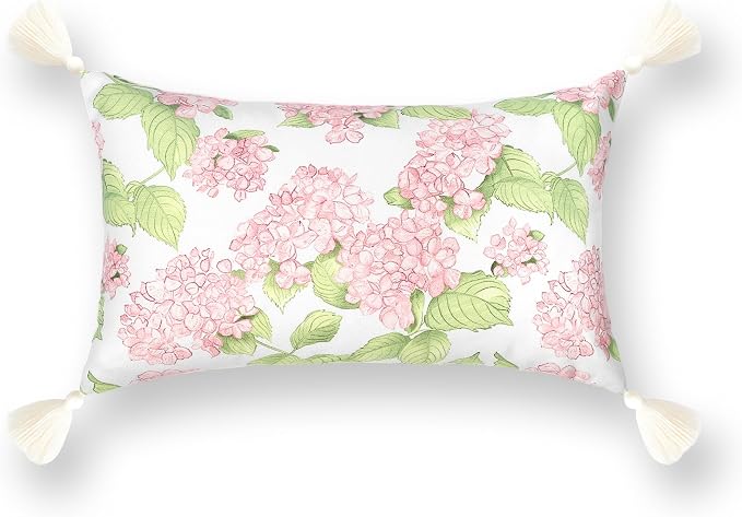 Hofdeco Premium Coastal Patio Indoor Outdoor Lumbar Pillow Cover Only, 12"x20" Water Repellent for Backyard, Couch, Blush Pink Green Print Sketch Hydrangea Flower